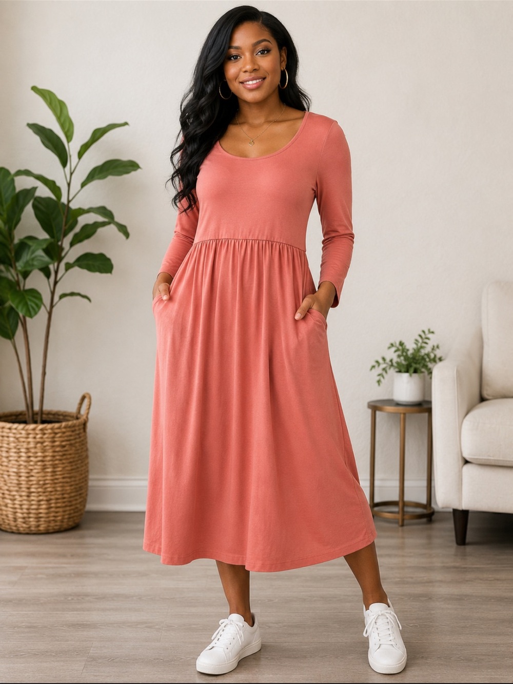 Ava & Viv Long Sleeve Scoop Neck Midi Dress in Coral